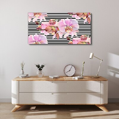 Tableau imprimé sur toile Orchidées sur fond de rayures noires