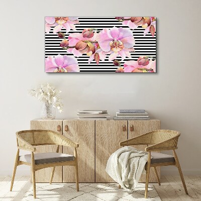 Tableau imprimé sur toile Orchidées sur fond de rayures noires
