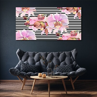 Tableau imprimé sur toile Orchidées sur fond de rayures noires