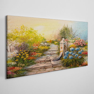 Tableau imprimé sur toile Jardin fleuri avec fontaine