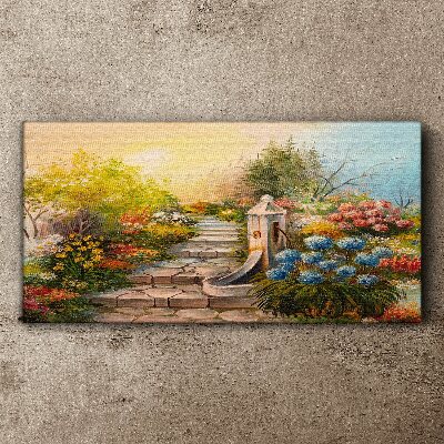 Tableau imprimé sur toile Jardin fleuri avec fontaine