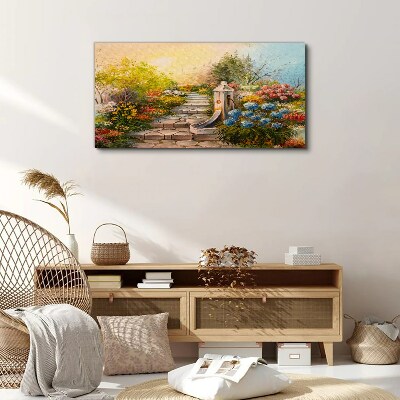 Tableau imprimé sur toile Jardin fleuri avec fontaine