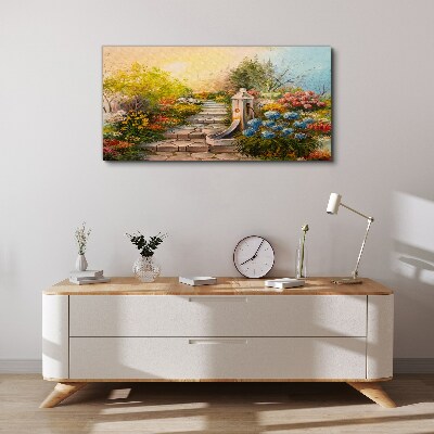 Tableau imprimé sur toile Jardin fleuri avec fontaine