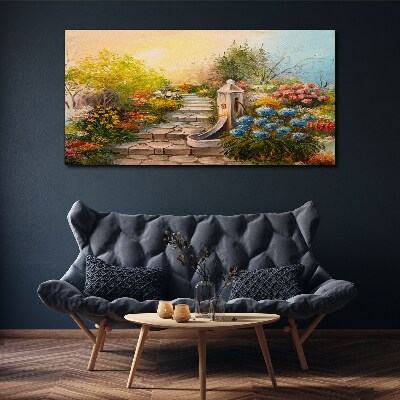 Tableau imprimé sur toile Jardin fleuri avec fontaine