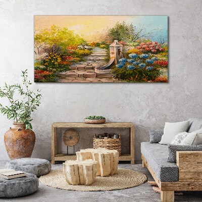 Tableau imprimé sur toile Jardin fleuri avec fontaine