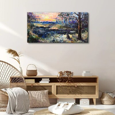 Tableau toile imprimée Coucher de soleil sur le lac