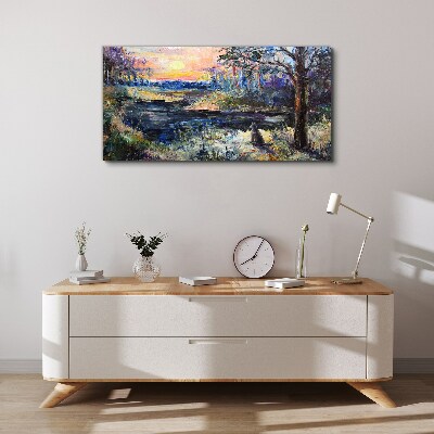 Tableau toile imprimée Coucher de soleil sur le lac