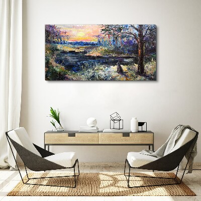 Tableau toile imprimée Coucher de soleil sur le lac