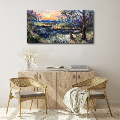 Tableau toile imprimée Coucher de soleil sur le lac