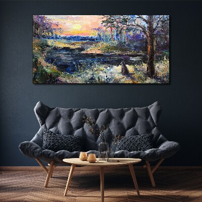 Tableau toile imprimée Coucher de soleil sur le lac