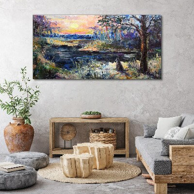 Tableau toile imprimée Coucher de soleil sur le lac