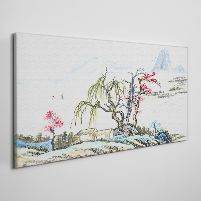 Tableau sur toile Un paysage paisible avec des arbres et une maison