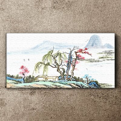 Tableau sur toile Un paysage paisible avec des arbres et une maison