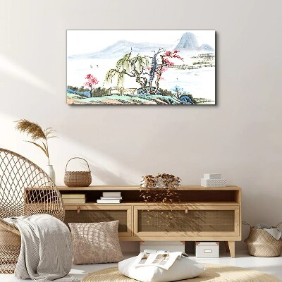 Tableau sur toile Un paysage paisible avec des arbres et une maison