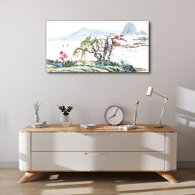 Tableau sur toile Un paysage paisible avec des arbres et une maison