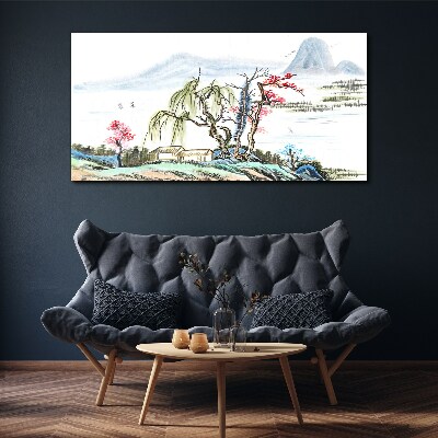 Tableau sur toile Un paysage paisible avec des arbres et une maison