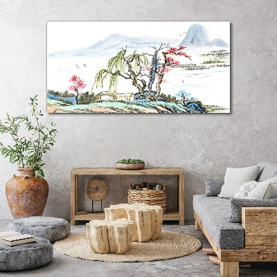 Tableau sur toile Un paysage paisible avec des arbres et une maison