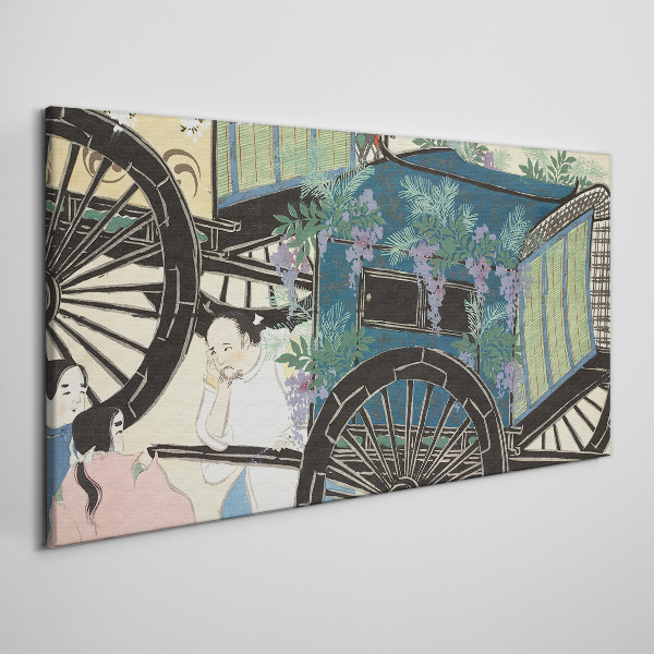 Tableau sur toile Une scène avec une poussette sur fond de fleurs