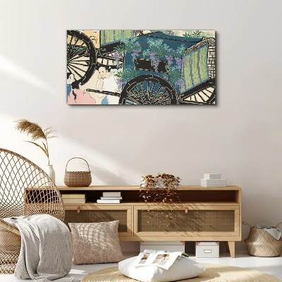 Tableau sur toile Une scène avec une poussette sur fond de fleurs