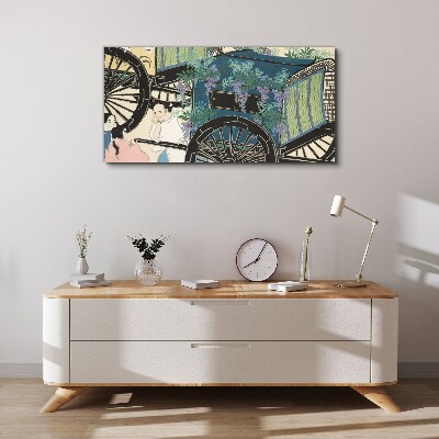 Tableau sur toile Une scène avec une poussette sur fond de fleurs