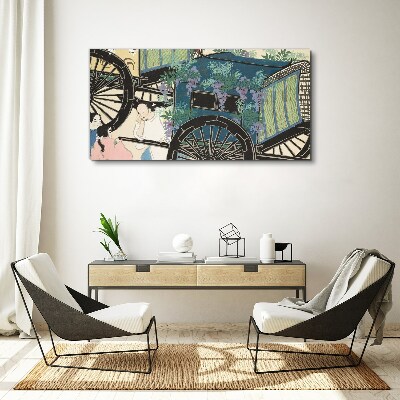 Tableau sur toile Une scène avec une poussette sur fond de fleurs