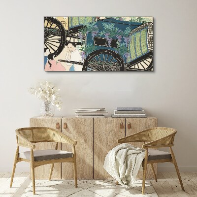 Tableau sur toile Une scène avec une poussette sur fond de fleurs