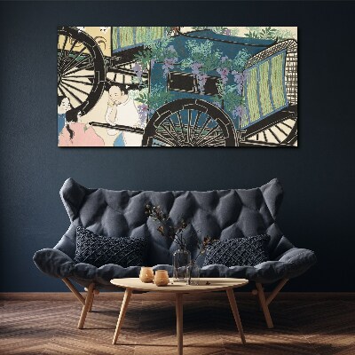 Tableau sur toile Une scène avec une poussette sur fond de fleurs