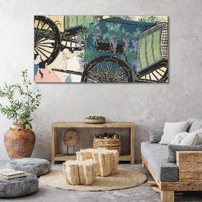 Tableau sur toile Une scène avec une poussette sur fond de fleurs