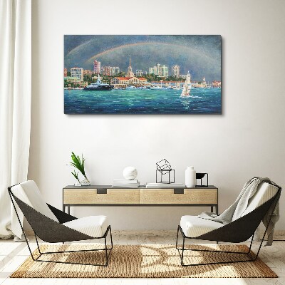 Tableau toile imprimée Panorama de la mer avec un arc-en-ciel