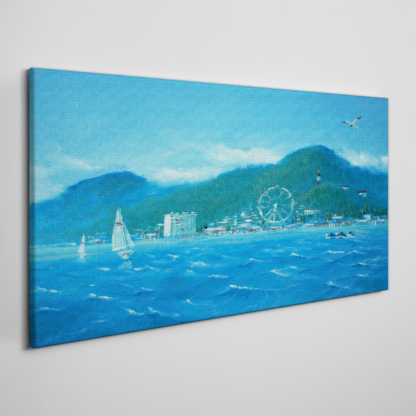 Tableau toile imprimée Paysage de bord de mer avec un parc d'attractions