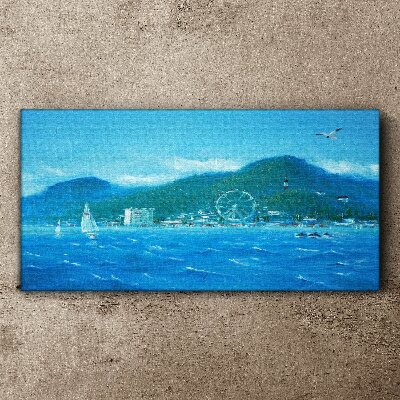 Tableau toile imprimée Paysage de bord de mer avec un parc d'attractions