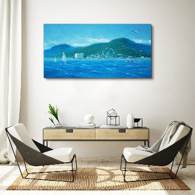 Tableau toile imprimée Paysage de bord de mer avec un parc d'attractions