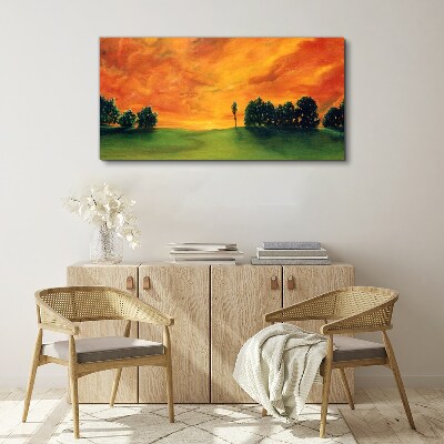 Tableau imprimé sur toile Coucher de soleil sur une colline verdoyante