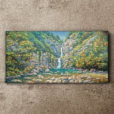 Tableau toile imprimée Cascade dans un paysage de montagne