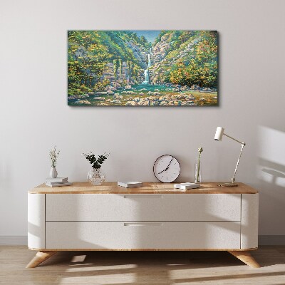 Tableau toile imprimée Cascade dans un paysage de montagne