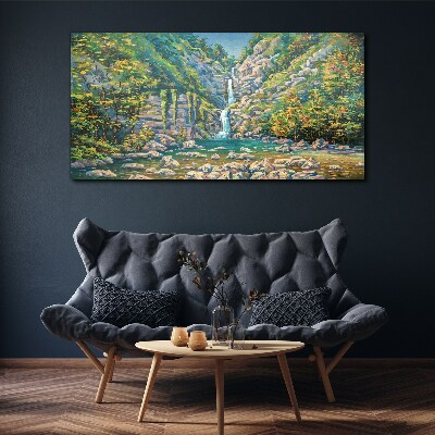 Tableau toile imprimée Cascade dans un paysage de montagne