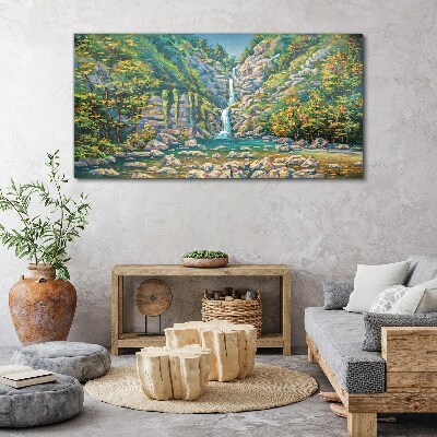Tableau toile imprimée Cascade dans un paysage de montagne