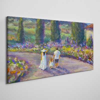 Tableau sur toile Une promenade en famille dans un jardin coloré