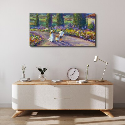 Tableau sur toile Une promenade en famille dans un jardin coloré