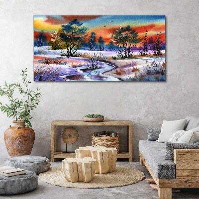 Tableau toile imprimée Un paysage hivernal aux couleurs de l'arc-en-ciel