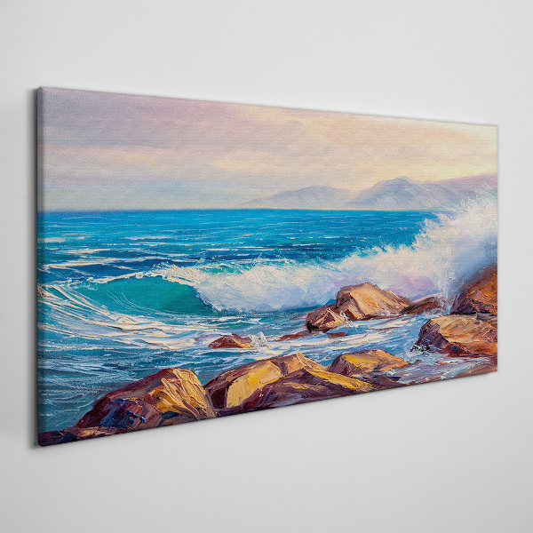 Tableau sur toile Vagues sur la côte au coucher du soleil