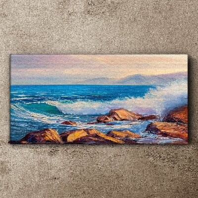 Tableau sur toile Vagues sur la côte au coucher du soleil