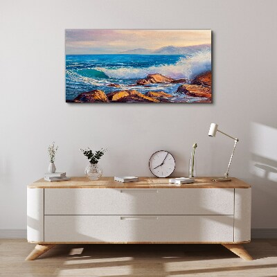 Tableau sur toile Vagues sur la côte au coucher du soleil
