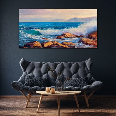 Tableau sur toile Vagues sur la côte au coucher du soleil
