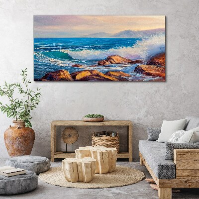 Tableau sur toile Vagues sur la côte au coucher du soleil