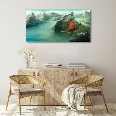 Tableau toile imprimée Aigle au-dessus d'un lac de montagne