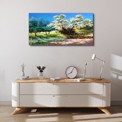 Tableau toile imprimée Paysage printanier avec des arbres en fleurs