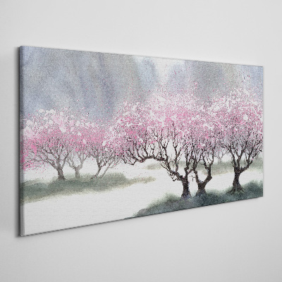 Tableau imprimé sur toile Arbres en fleurs dans la brume printanière