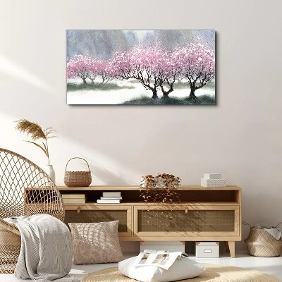 Tableau imprimé sur toile Arbres en fleurs dans la brume printanière