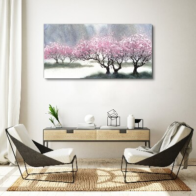 Tableau imprimé sur toile Arbres en fleurs dans la brume printanière